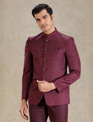 Classy wine jaccquard net jodhpuri suit for men