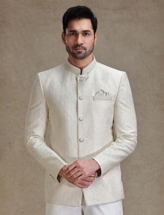 Beige wedding wear silk jodhpuri suit in resham