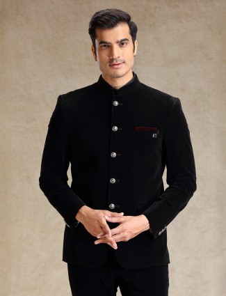 Black reception wear jodhpuri suit in velvet
