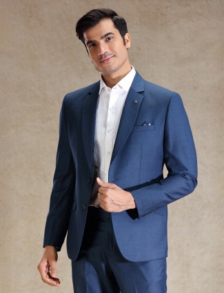 Sharp blue notch lapel terry rayon coat suit