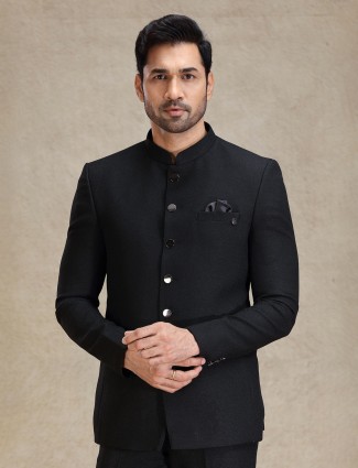 Black jacquard net jodhpuri suit for reception