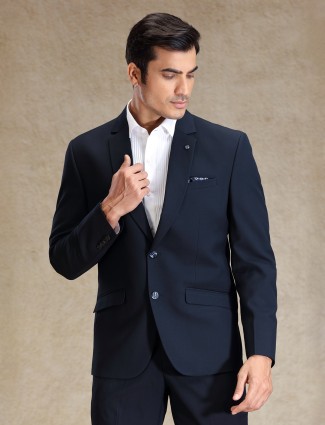 Elegant navy textured terry rayon suit for reception wear