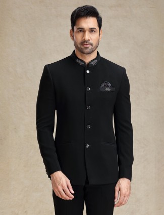 Trendy black textured jodhpuri suit in terry rayon