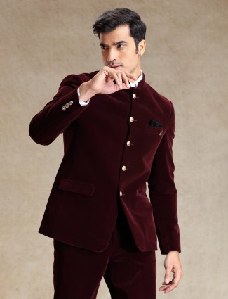 Solid wine wedding wear jodhpuri suit for men