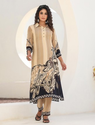 Beige crepe kurti set with sequin detailing