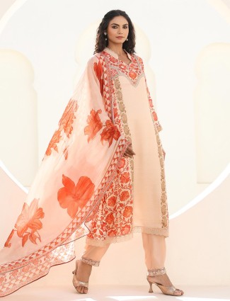 Beige printed dola silk kurti set with festive work