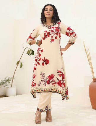 Cream printed crepe kurti set