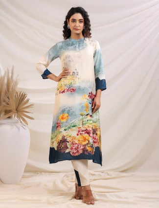 Cream printed dola silk kurti set for festive wear