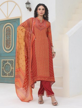 Dark orange printed crepe kurti set with dupatta