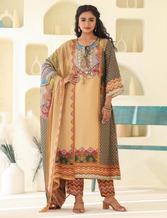 Khaki printed dola silk kurti set with dupatta for women