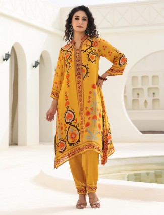 Mustard yellow printed crepe kurti set for women