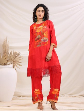 Orange printed dola silk kurti set