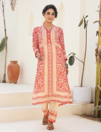 Peach and cream printed viscose georgette kurti set