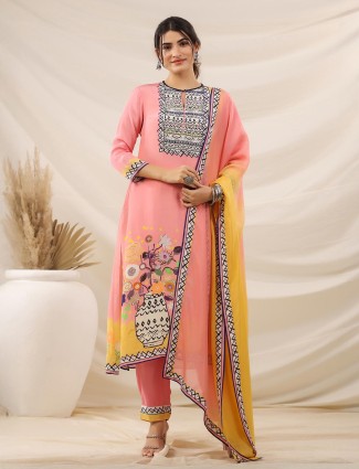 Peach printed viscose georgette kurti set