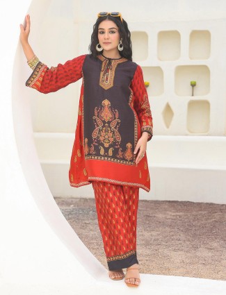 Red and black printed dola silk kurti set