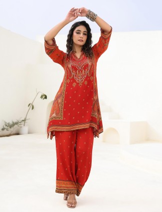 Red printed crepe kurti set