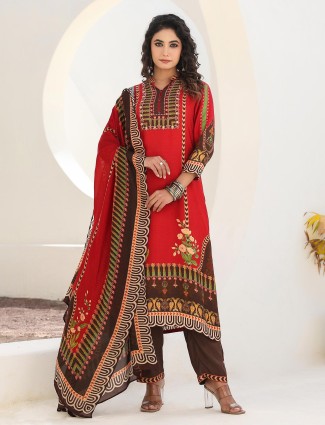 Red printed dola silk kurti set with dupatta for women
