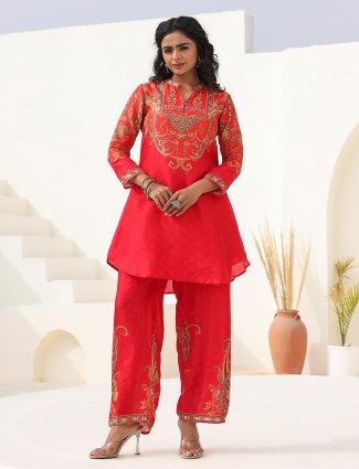 Red festive printed dola silk kurti set