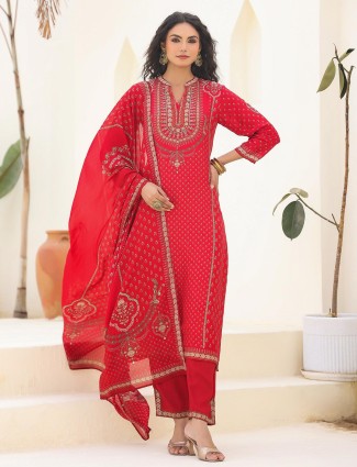 Red printed dola silk kurti set with dupatta for festive wear