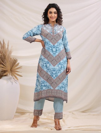 Sky blue printed crepe kurti set for women