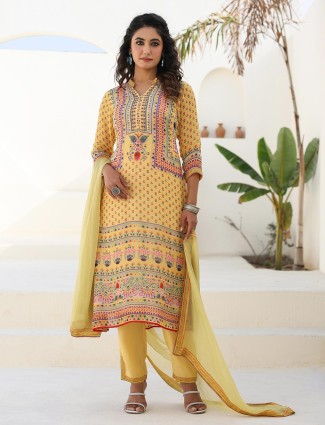Yellow printed viscose georgette kurti set