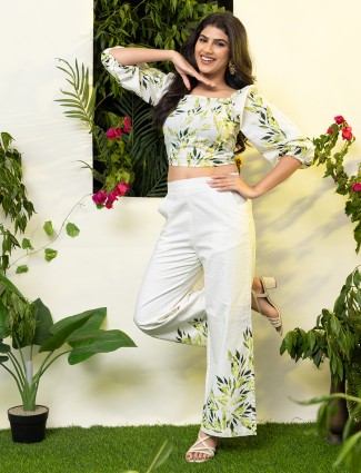 White cotton printed co-ord set for women