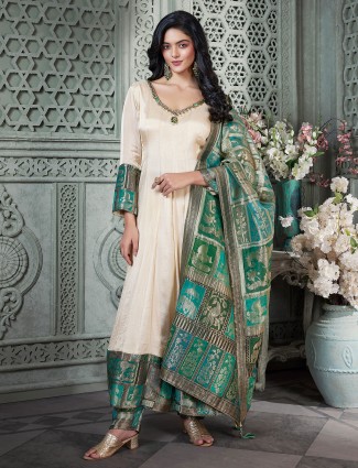 Beige silk salwar suit for women with zari weaving
