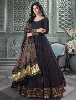 Black floor length anarkali suit for women with printed dupatta