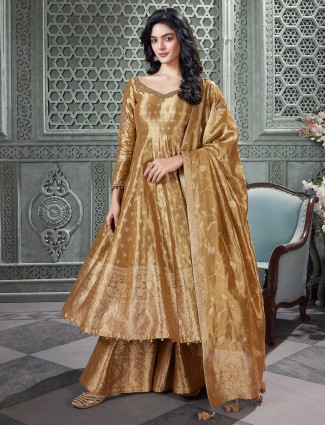 Light brown plazzo suit with zari weaving for wedding wear