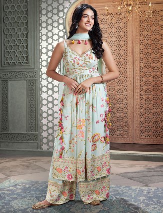 Mint blue plazzo suit for women with print