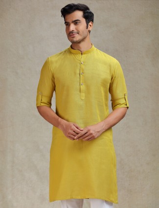 Trendy musturd yellow plain linen only kurta for haldi cereomny