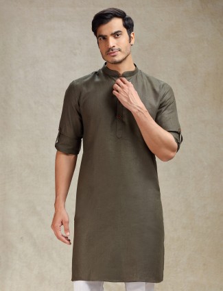 Olive green kurta only for men with mandarin collar
