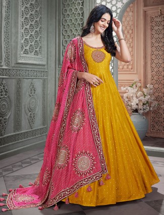 Yellow anarkali suit for women with beads embellishment