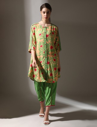 Beige and green printed co ord set for casual wear