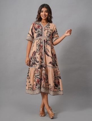 Elegant beige cotton printed kurti for women