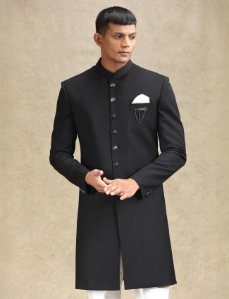 Black plain terry rayon indo western with pant for men