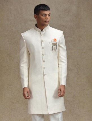 Cream zig zag textured indo western for wedding wear