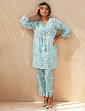 Mint green printed cotton co ord set for casual wear