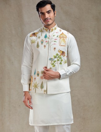 Artisan off white ajrakh hand printed waistcoat set