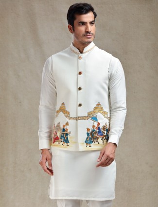Sophisticated off white hand printed kurta jacket set