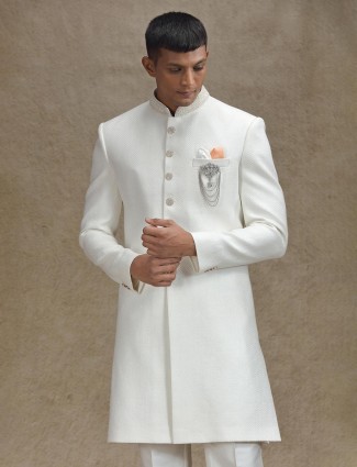 Off white reception wear jute fabricated indo western for men