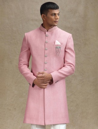Onion pink zig zag textured indo western in jute fabric