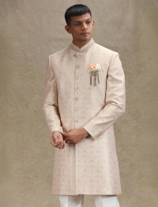 Peach indo western for men in jacquard fabic