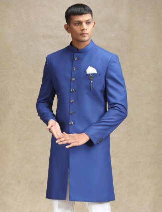 Royal blue plain terry rayon indo western for wedding wear