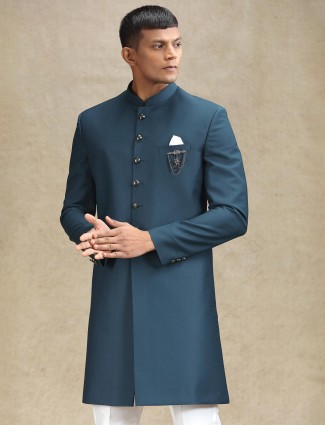 Teal blue wedding wear indo western for men