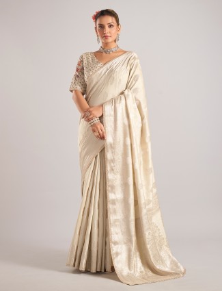 Beige silk saree with ready made blouse for wedding