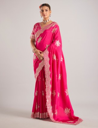 Rani color silk wedding wear saree with ready made blouse