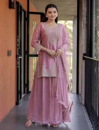 Onion pink silk palazzo suit with dupatta for wedding wear
