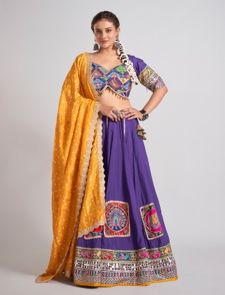 Purple silk chaniya choli with mirror embellishments