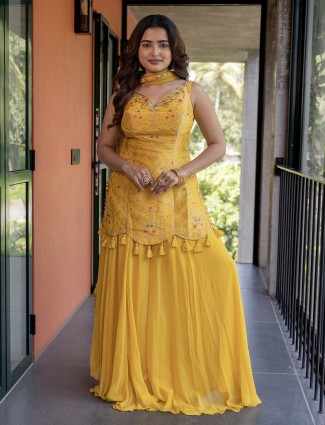 Yellow silk palazzo suit with for festive wear